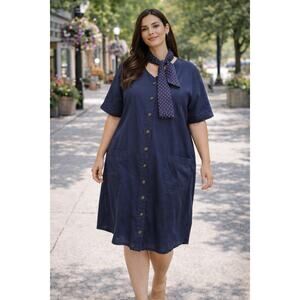 Vintage John Roberts Shirt Dress Women 20W Navy Button Front Plus Retro USA Made